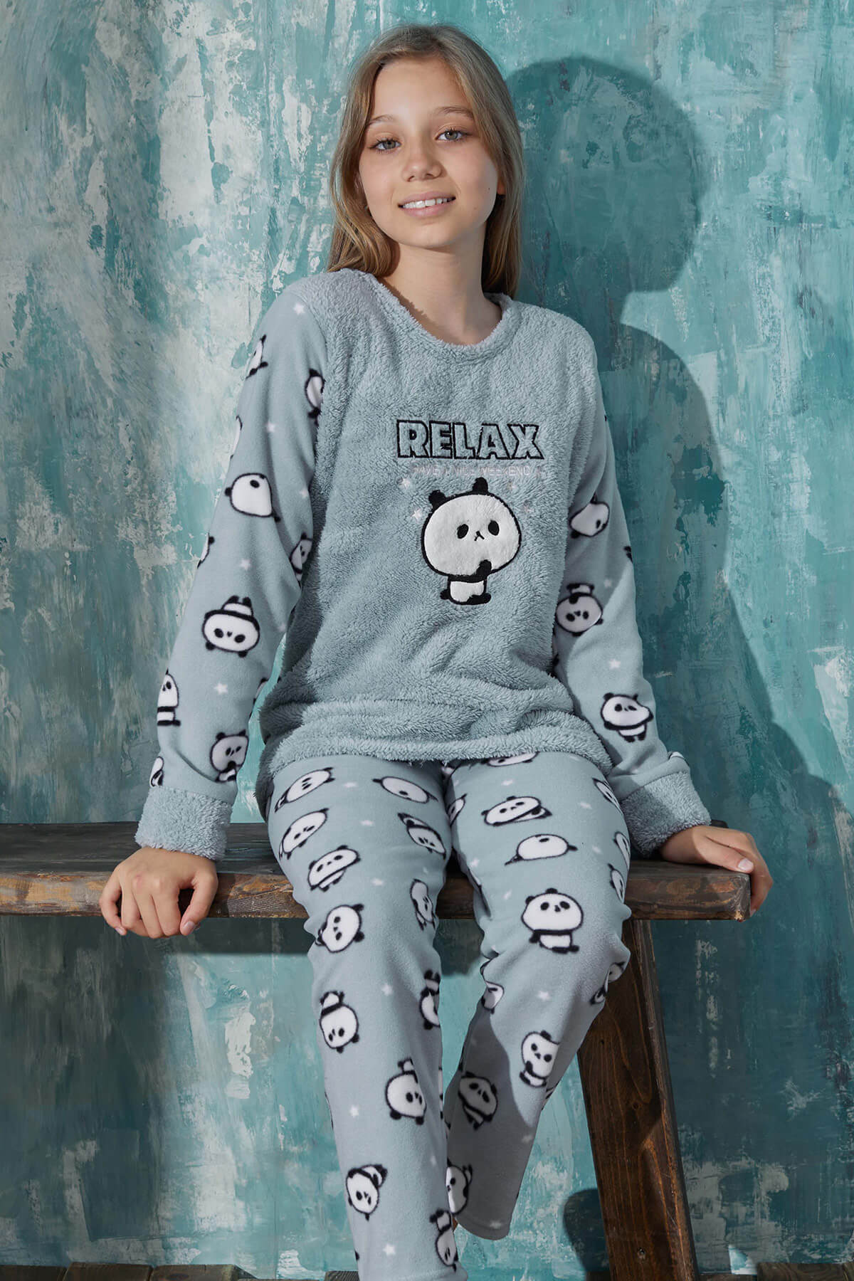 Mint Relax Panda Desenli Kız Çocuk Peluş Pijama Takım