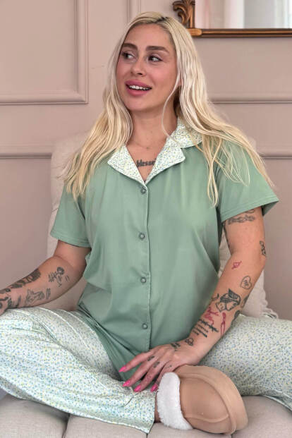Mint Serenity Exclusive Önden Düğmeli Kadın Pijama Takımı - Pijamaevi