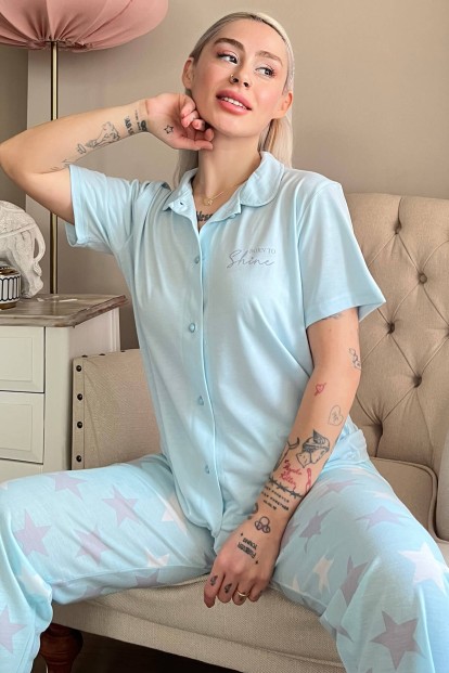 Mint Shine Baskılı Örme Önden Düğmeli Kısa Kol Kadın Pijama - Pijamaevi