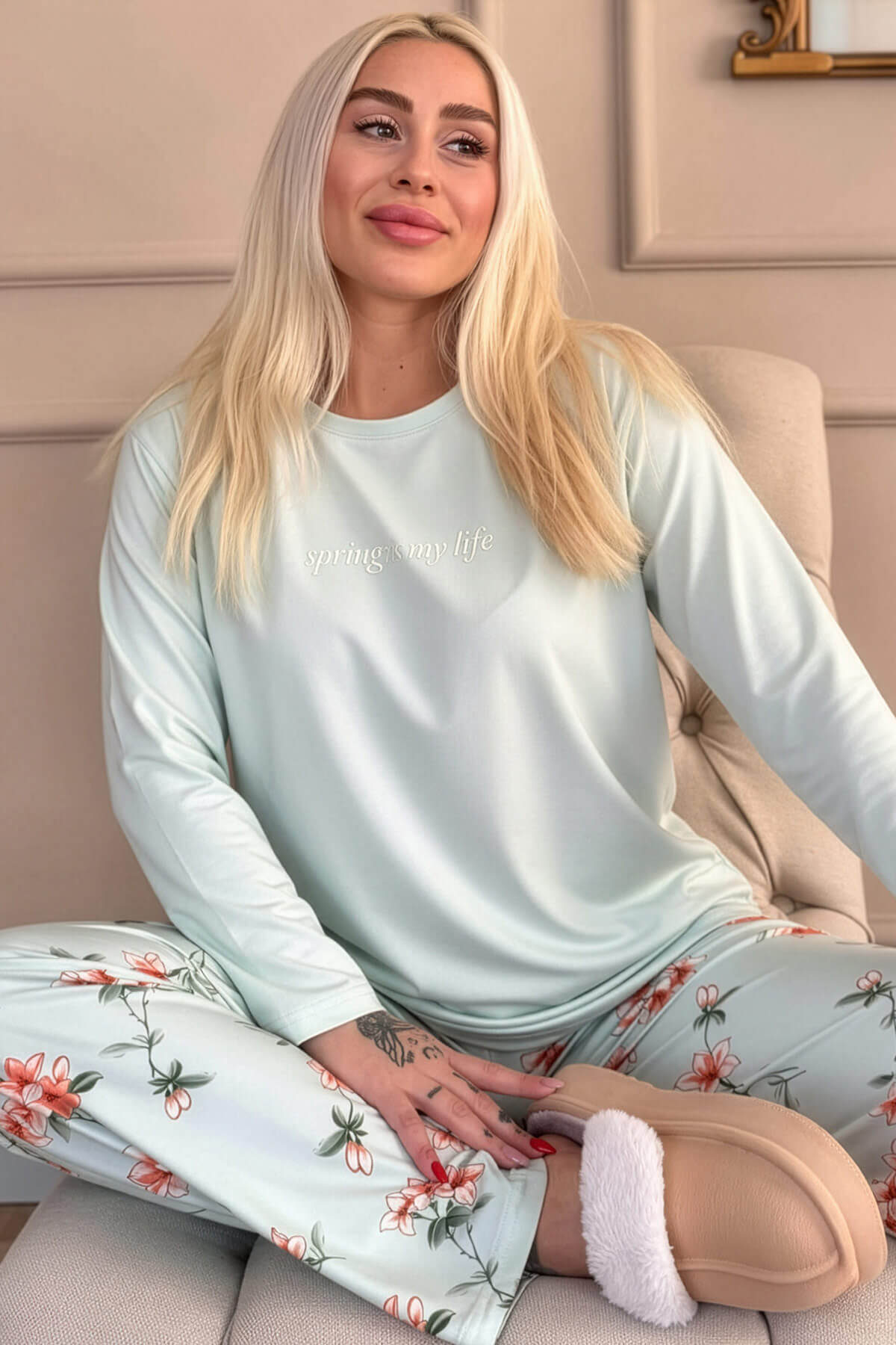 Mint Spring is My Life Çiçek Desenli Uzun Kollu Bambu Örme Kadın Pijama Takımı