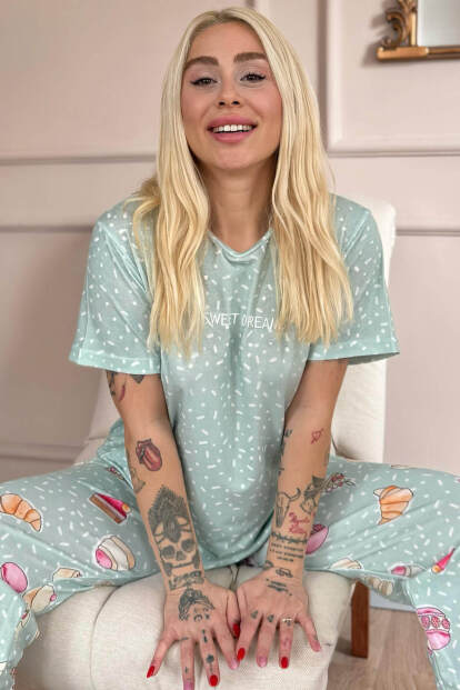 Mint Sweet Dreams Desenli Örme Kısa Kol Kadın Pijama Takımı - Pijamaevi