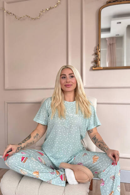 Mint Sweet Dreams Desenli Örme Kısa Kol Kadın Pijama Takımı - Pijamaevi (1)