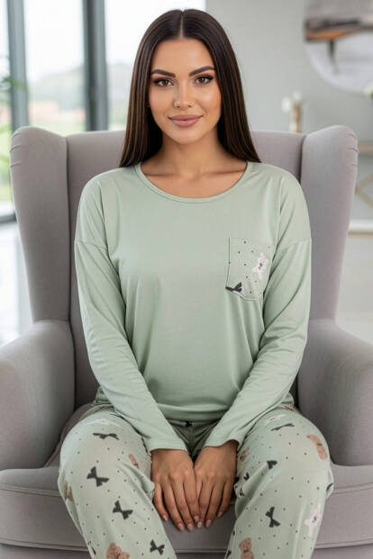 Mint Yeşili Rabbit Bear Desenli Uzun Kollu Bambu Örme Kadın Pijama Takımı - Pijamaevi (1)