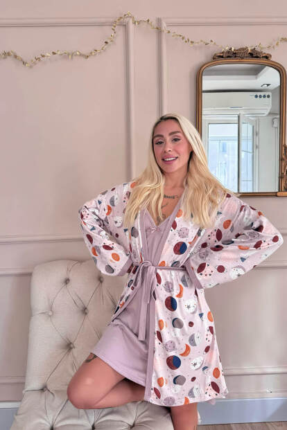 Mor Aydede Desenli Termal Gecelik Sabahlıklı Kadın Pijama Takımı - Pijamaevi (1)