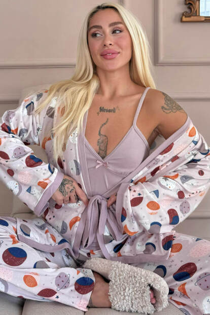 Mor Aydede Desenli Termal Sabahlıklı Kadın Pijama Takımı - Pijamaevi