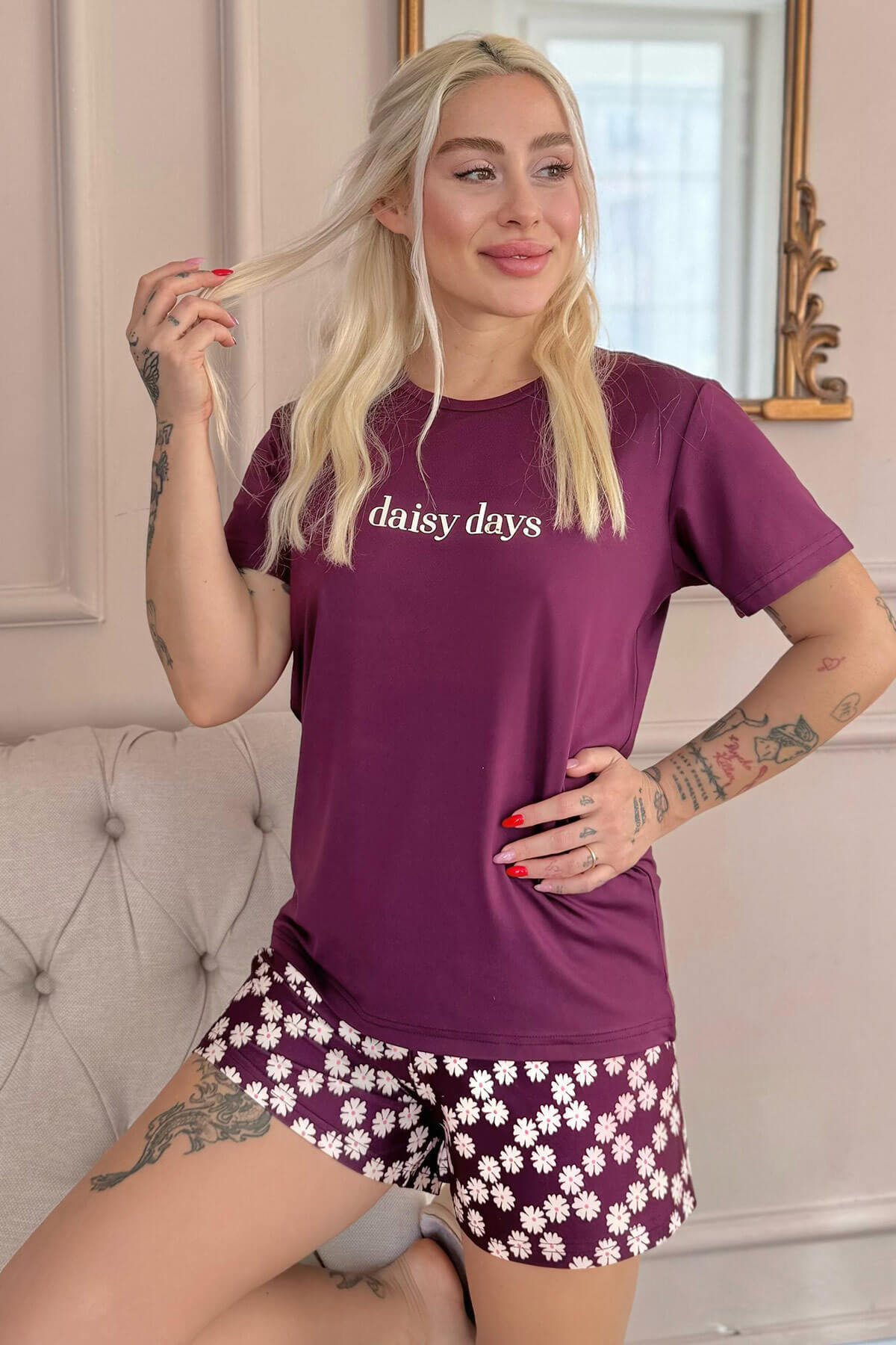 Mor Daisy Days Desenli Kısa Kollu Şortlu Örme Kadın Pijama Takımı