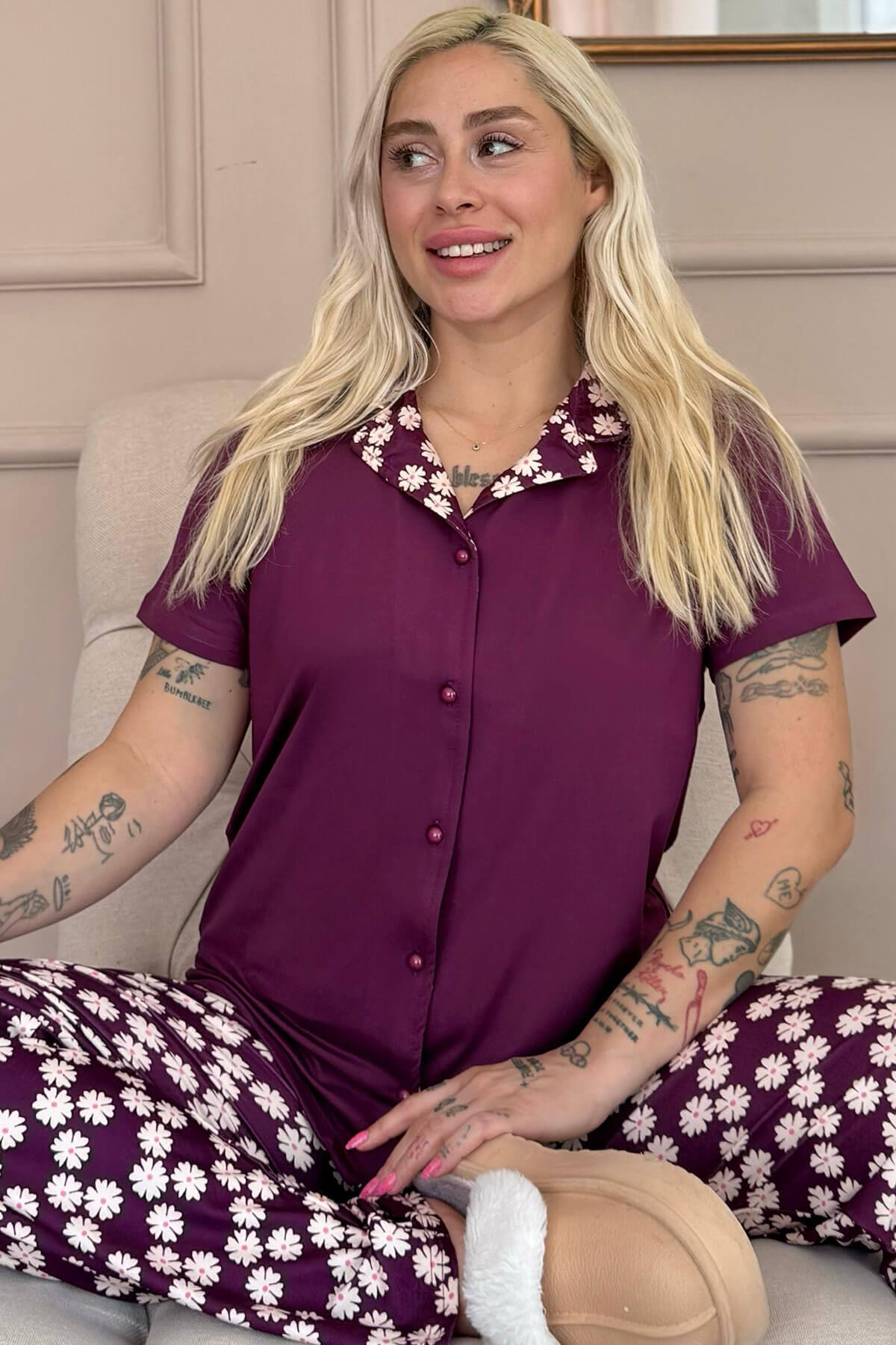 Mor Daisy Exclusive Önden Düğmeli Kadın Pijama Takım