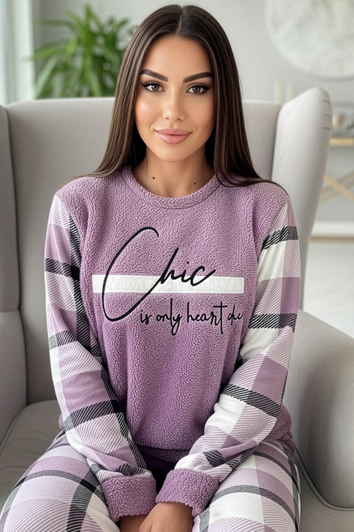 Mor Deep Chic Desenli Kadın Peluş Pijama Takımı