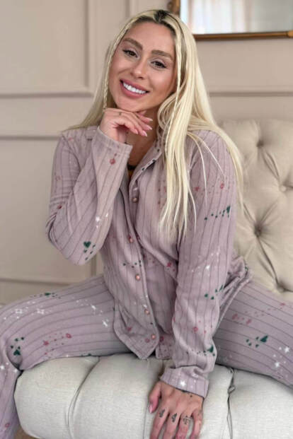 Mor Gri Yıldızlı Kalp Desenli Önden Düğmeli Peluş Polar Pijama Takımı - Pijamaevi