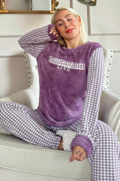 Mor Live Desenli Kadın Peluş Pijama Takımı - Pijamaevi