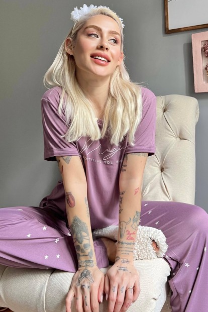 Mor Magic Desenli Bambu Kısa Kol Kadın Pijama Takımı - Pijamaevi