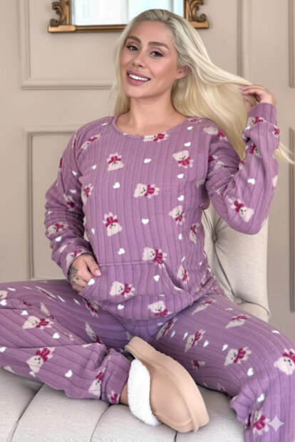 Mor Print Bear Desenli Kanguru Cepli Peluş Polar Pijama Takımı - Pijamaevi