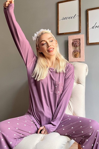 Mor Puantiye Desenli Bambu Uzun Kol Kadın Pijama Takımı - Pijamaevi