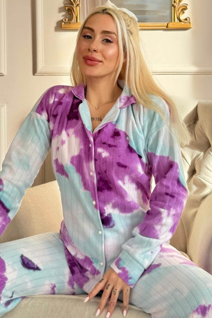 Mor Svila Desenli Önden Düğmeli Peluş Polar Pijama Takımı - Pijamaevi