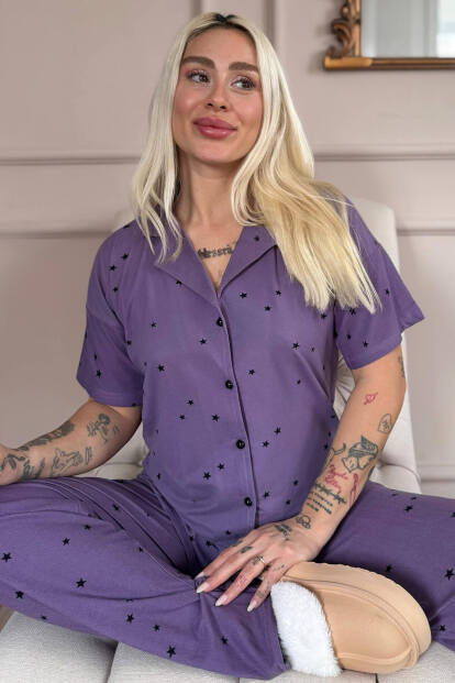Mor Twilight Glow Desenli Bambu Önden Düğmeli Kısa Kol Pijama Takımı - Pijamaevi
