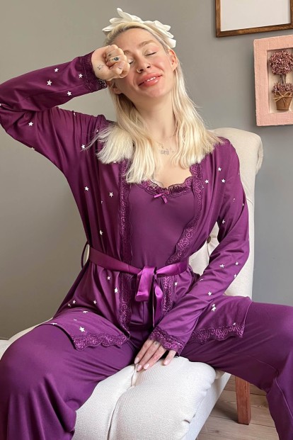 Mor Yıldız Desenli Bambu Sabahlıklı Kadın Pijama Seti - Pijamaevi