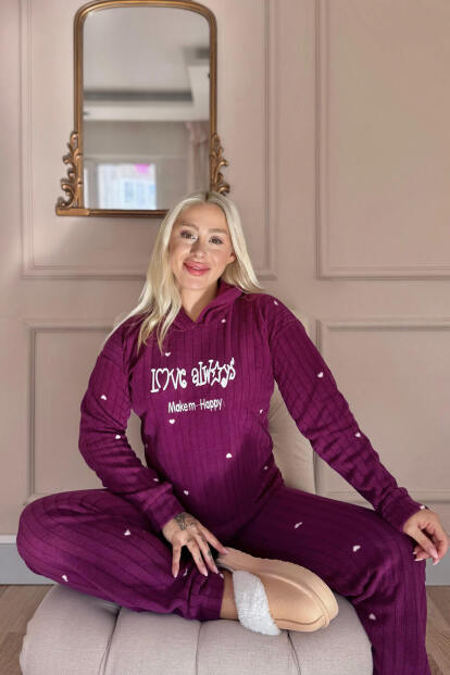 Mürdüm Always Desenli Kapşonlu Peluş Polar Pijama Takımı - Pijamaevi (1)