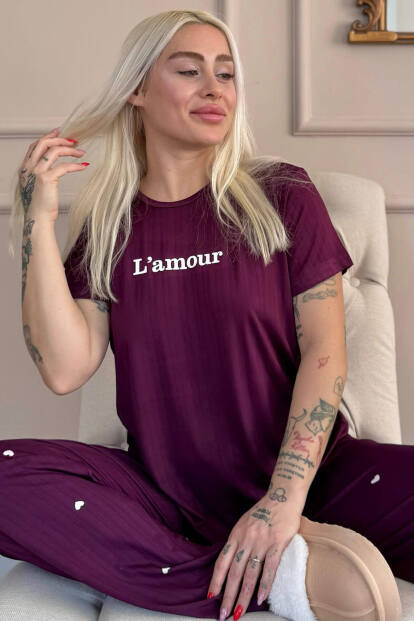 Mürdüm Amour Desenli Kısa Kollu Marlenka Kadın Pijama Takımı - Pijamaevi