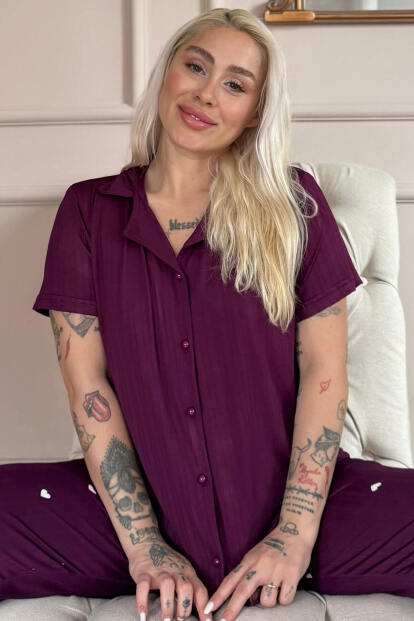 Mürdüm Amour Desenli Önden Düğmeli Marlenka Pijama Takımı - Pijamaevi