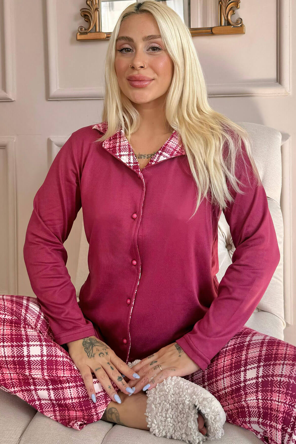 Mürdüm Cymru Desenli Termal Önden Düğmeli Kadın Pijama Takımı