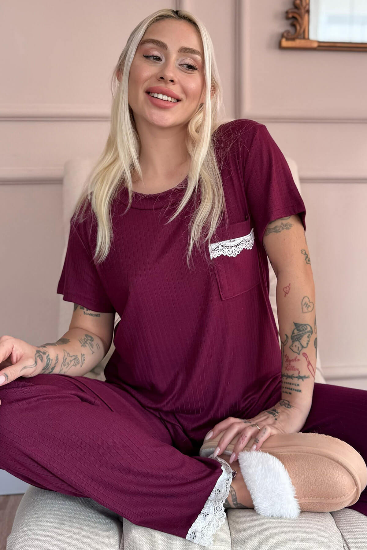 Mürdüm Dublin Kısa Kollu Dantelli Kadın Pijama Takımı