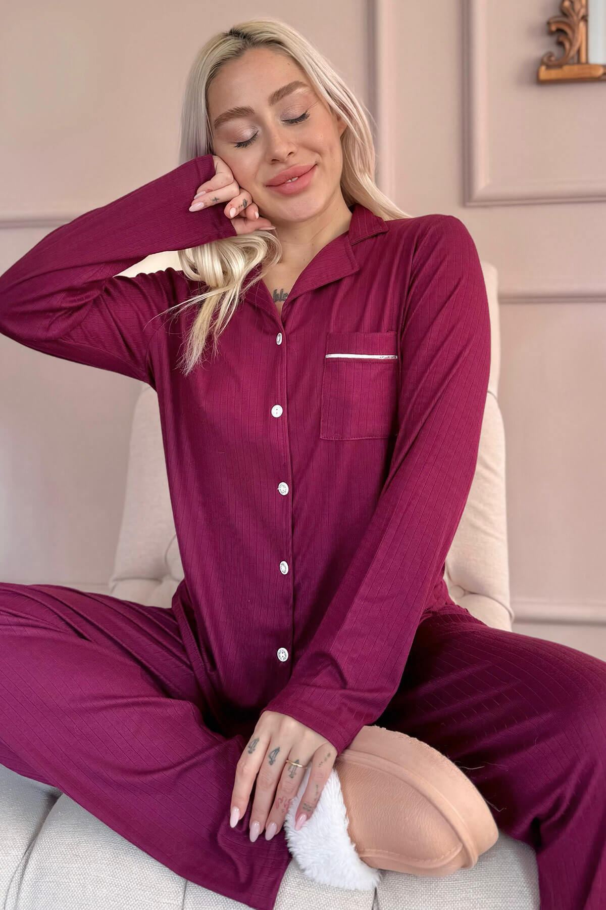 Mürdüm Dublin Önden Düğmeli Uzun Kollu Kadın Pijama Takımı