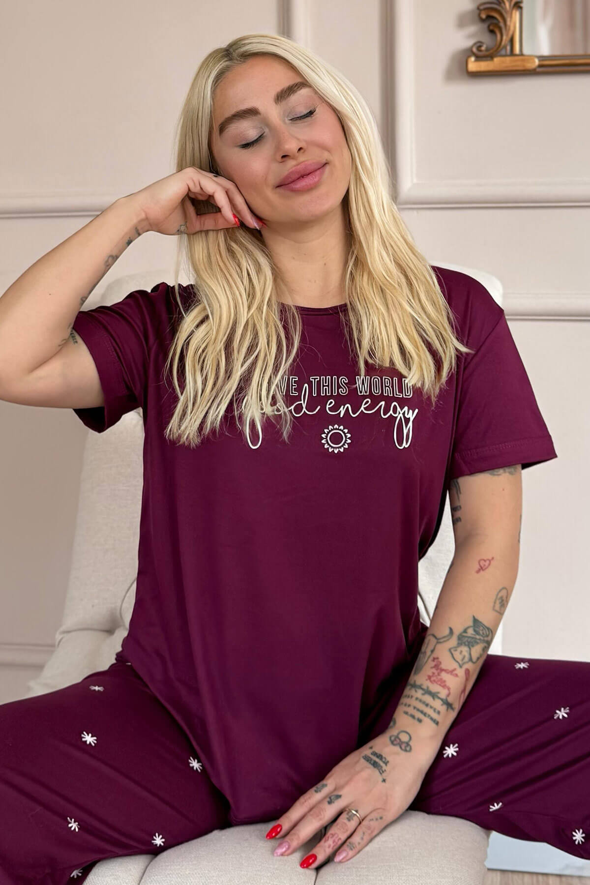 Mürdüm Good Energy Desenli Bambu Kısa Kol Kadın Pijama Takımı