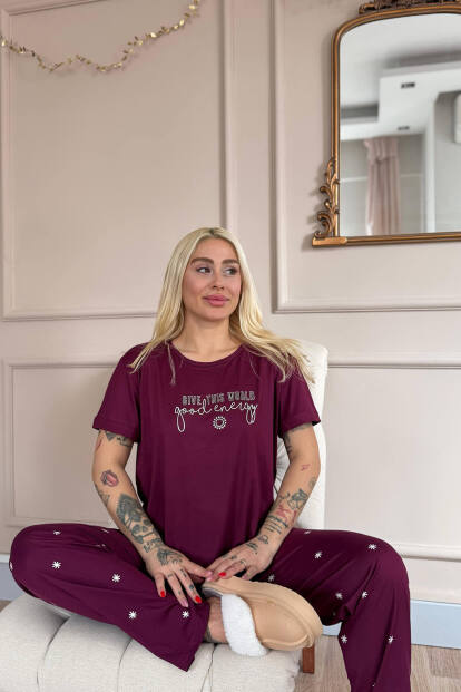 Mürdüm Good Energy Desenli Bambu Kısa Kol Kadın Pijama Takımı - Pijamaevi (1)