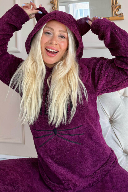 Mürdüm Meow Desenli Tam Peluş Pijama Takımı - Pijamaevi