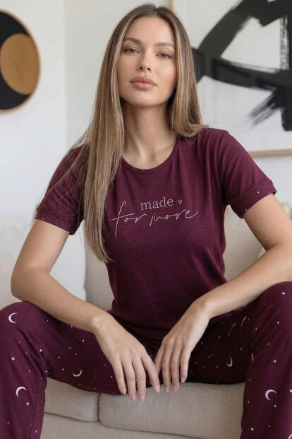 Mürdüm More Desenli Bambu Kısa Kol Kadın Pijama Takımı - Pijamaevi