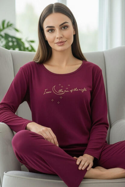 Mürdüm Night Desenli Uzun Kollu Dublin Örme Kadın Pijama Takımı - Pijamaevi