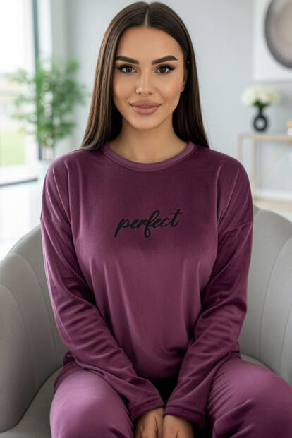 Mürdüm Perfect Desenli Exclusive Kadife Kadın Pijama Takımı  - Pijamaevi