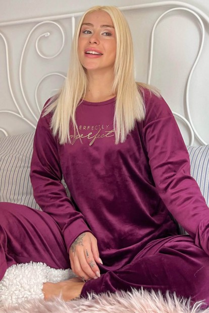 Mürdüm Perfectly Desenli Exclusive Kadife Kadın Pijama Takımı  - Pijamaevi