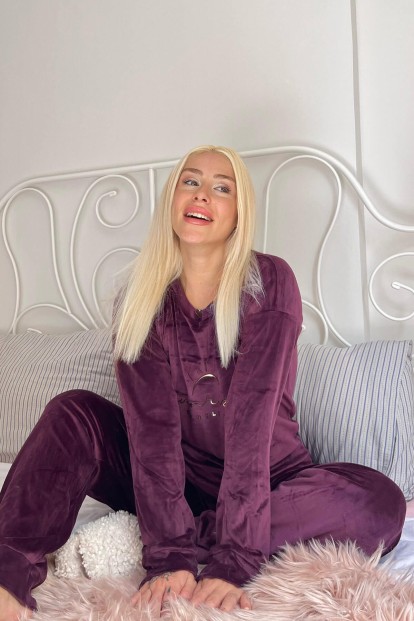Mürdüm Sunshine Desenli Exclusive Kadife Kadın Pijama Takımı  - Pijamaevi (1)