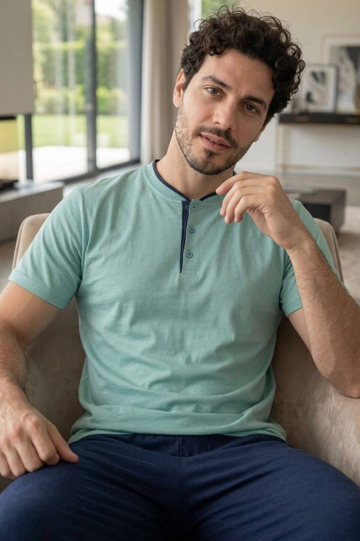 Muted Aqua Kısa Kollu Pat Detaylı Elegant Erkek Pijama Takımı