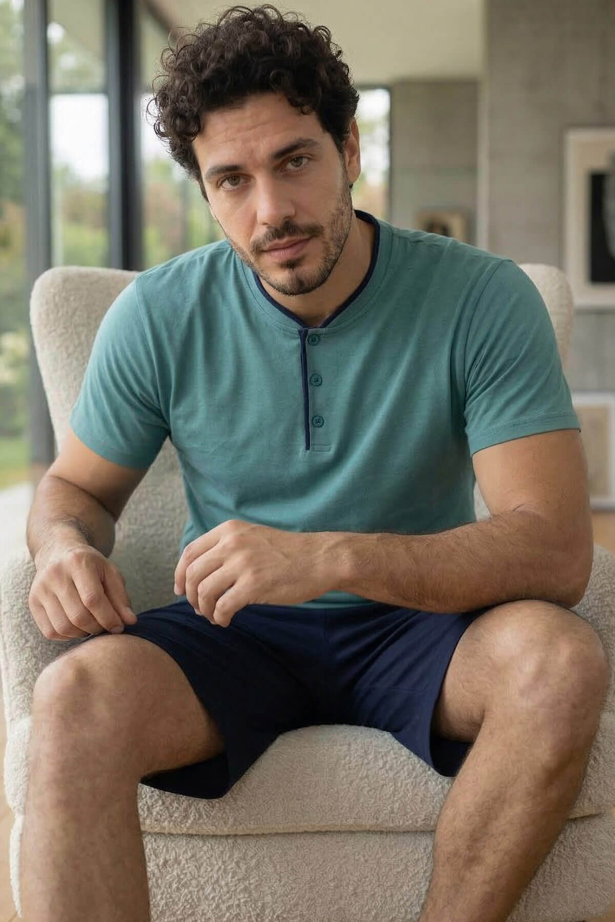 Muted Aqua Şortlu Pat Detaylı Elegant Erkek Pijama Takımı