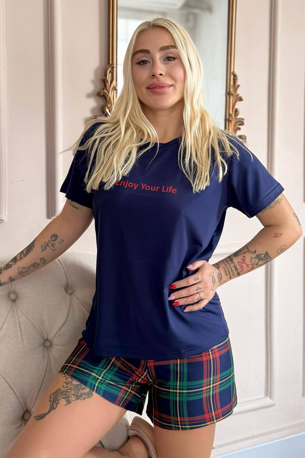 Navy Enjoy Desenli Kısa Kollu Şortlu Örme Kadın Pijama Takımı