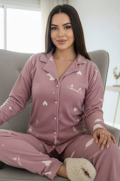 Pembe Cat Desenli Önden Düğmeli Peluş Polar Pijama Takımı - Pijamaevi