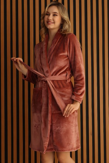 Pembe Cepli Yumoş Uzun Peluş Kadın Sabahlık - Pijamaevi