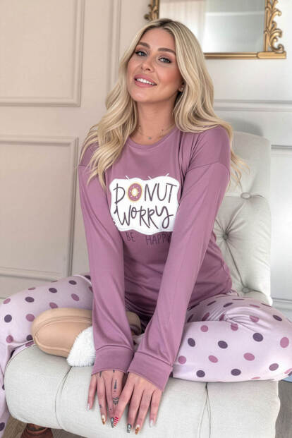 Pembe Donut Worry Desenli Termal Kadın Pijama Takımı - Pijamaevi