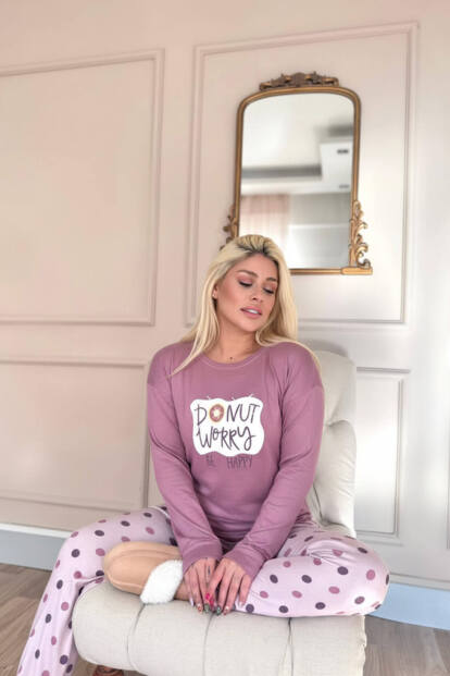 Pembe Donut Worry Desenli Termal Kadın Pijama Takımı - Pijamaevi (1)