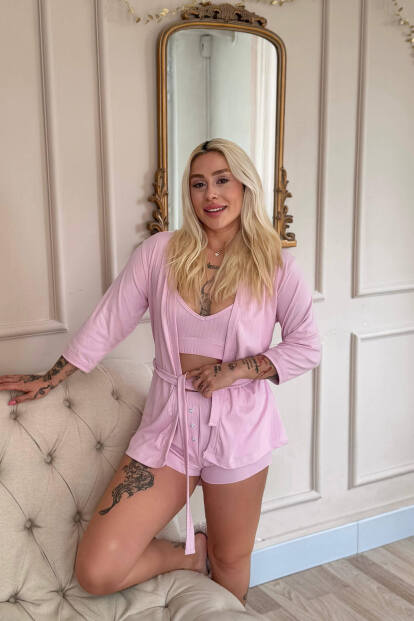 Pembe Dublin Büstiyerli Sabahlıklı Kadın Pijama Takımı - Pijamaevi (1)