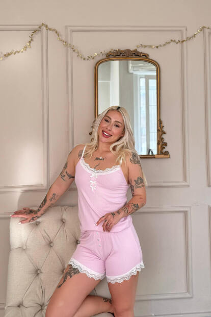Pembe Dublin Ip Askı Şortlu Kadın Pijama Takımı - Pijamaevi (1)