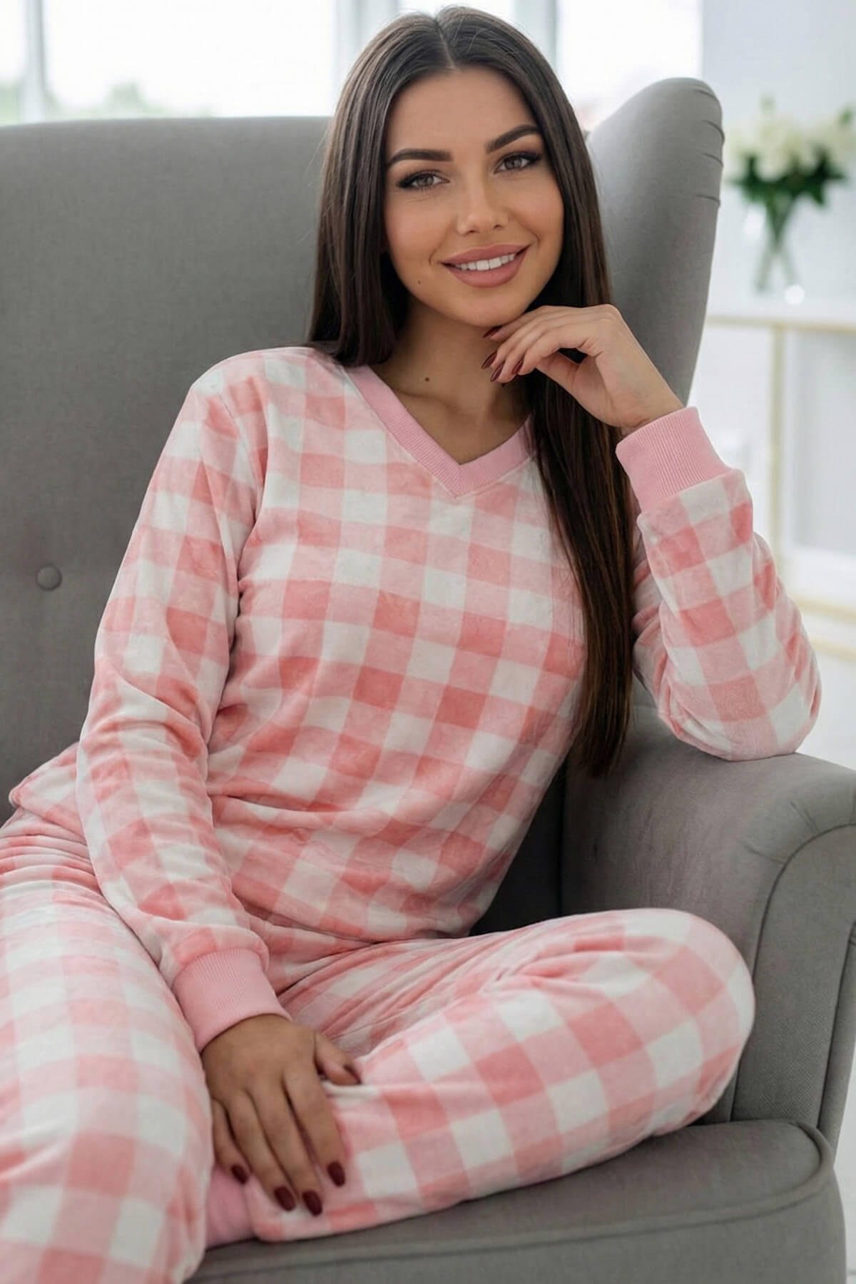Pembe Ekose Desenli Veloura Soft Kadın Pijama Takımı 