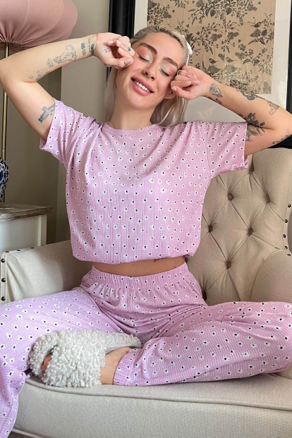 Pembe Flowers Desenli Örme Crop Kısa Kol Kadın Pijama Takımı - Pijamaevi