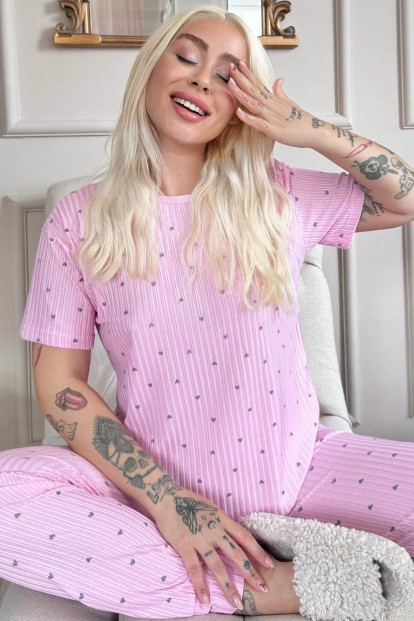 Pembe Kalp Desenli Kısa Kol Örme Zincir Kadın Pijama Takımı - Pijamaevi