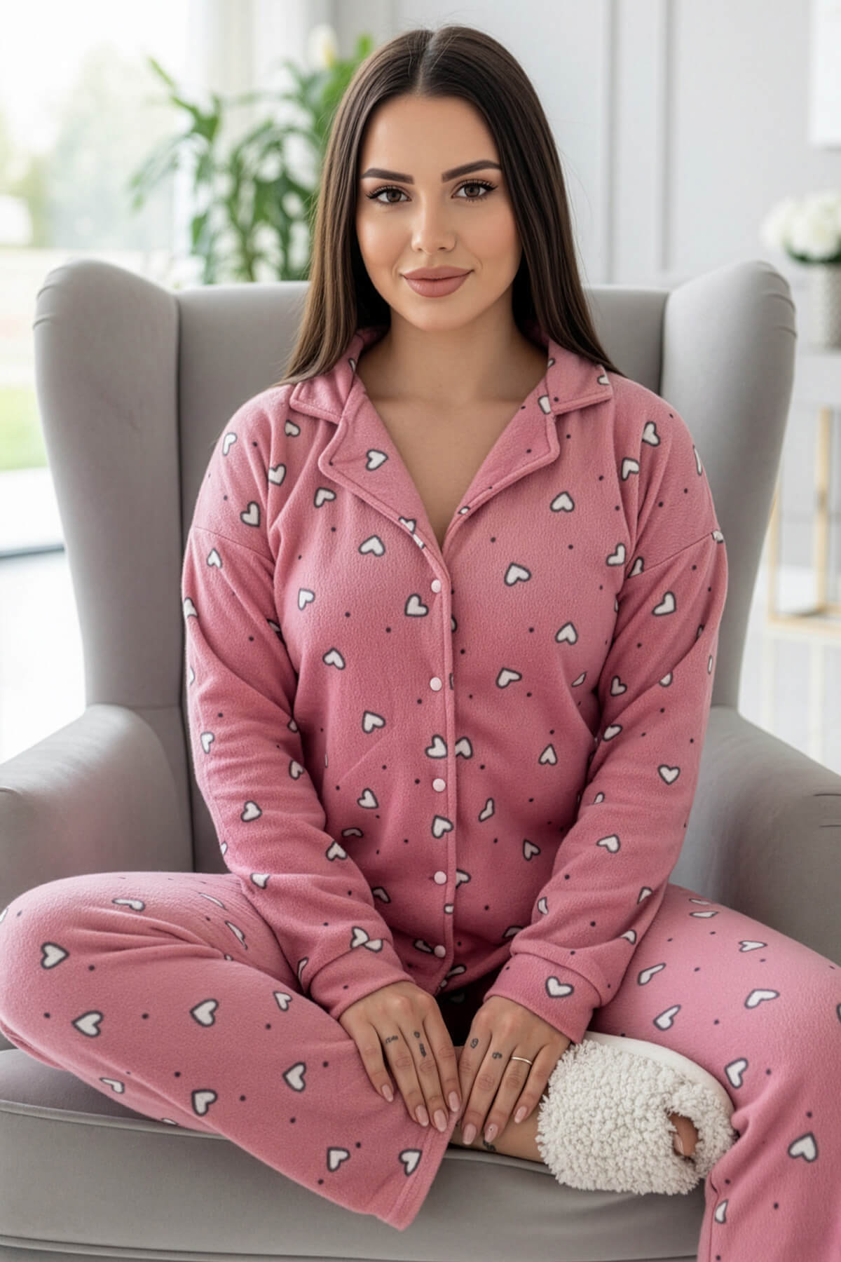 Pembe Kalp Desenli Önden Düğmeli Peluş Polar Pijama Takımı