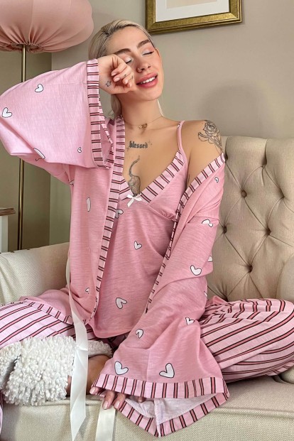 Pembe Kalp Desenli Sabahlıklı Örme Pijama Takımı - Pijamaevi