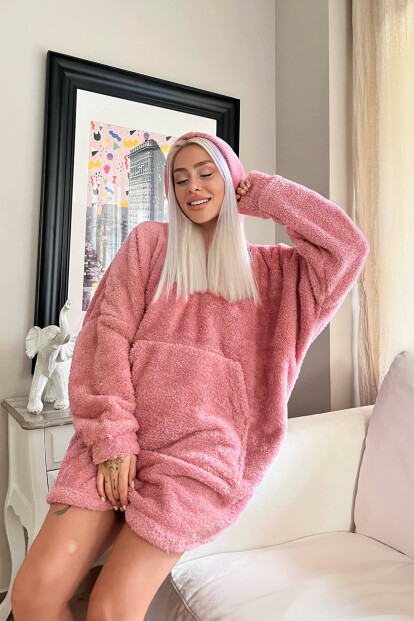Pembe Kapşonlu Tam Peluş Oversize Sweat Panço Pijama - Pijamaevi (1)