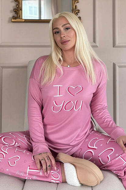 Pembe Love You Desenli Termal Kadın Pijama Takımı - Pijamaevi